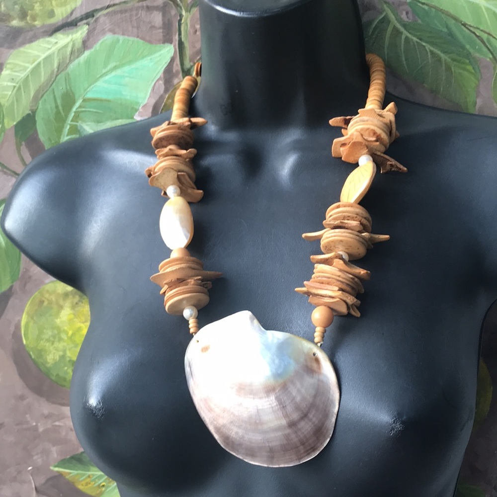 Large Shell And Coconut Husk Statement Necklace - image 1